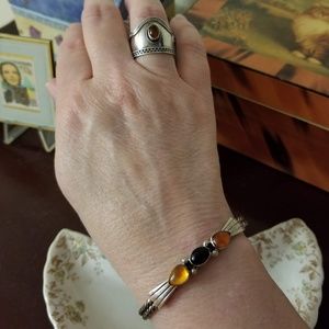 Sterling Silver Amber and Onyx Bracelet and Ring